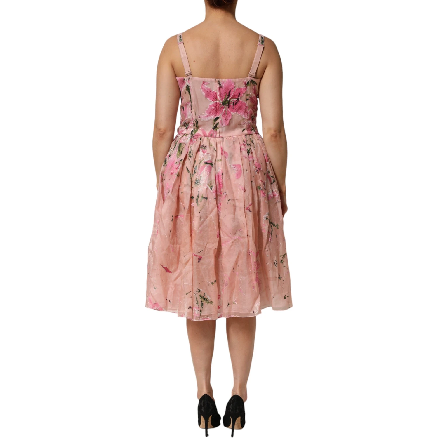 Pink Cotton Floral Pleated Sleeveless Dress