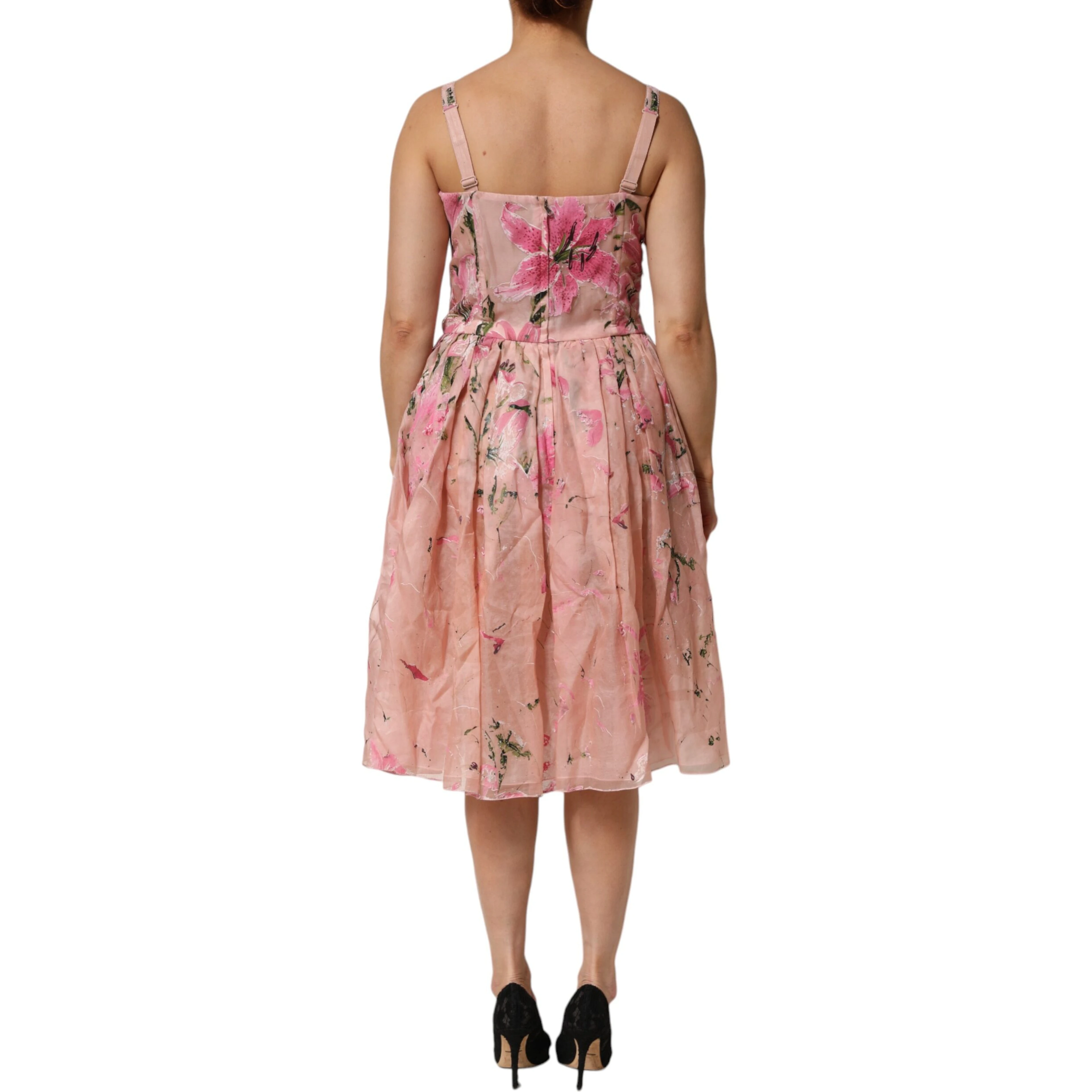 Pink Cotton Floral Pleated Sleeveless Dress