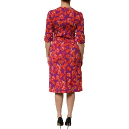 Purple Silk Floral Print Midi Sheath Dress