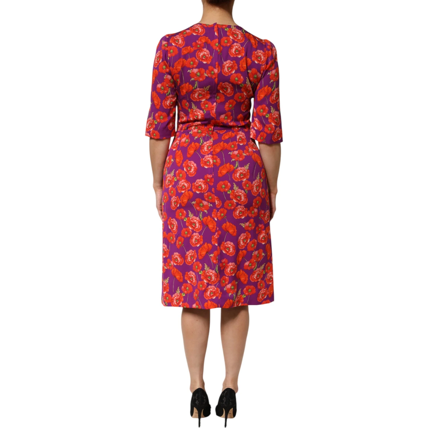 Purple Silk Floral Print Midi Sheath Dress