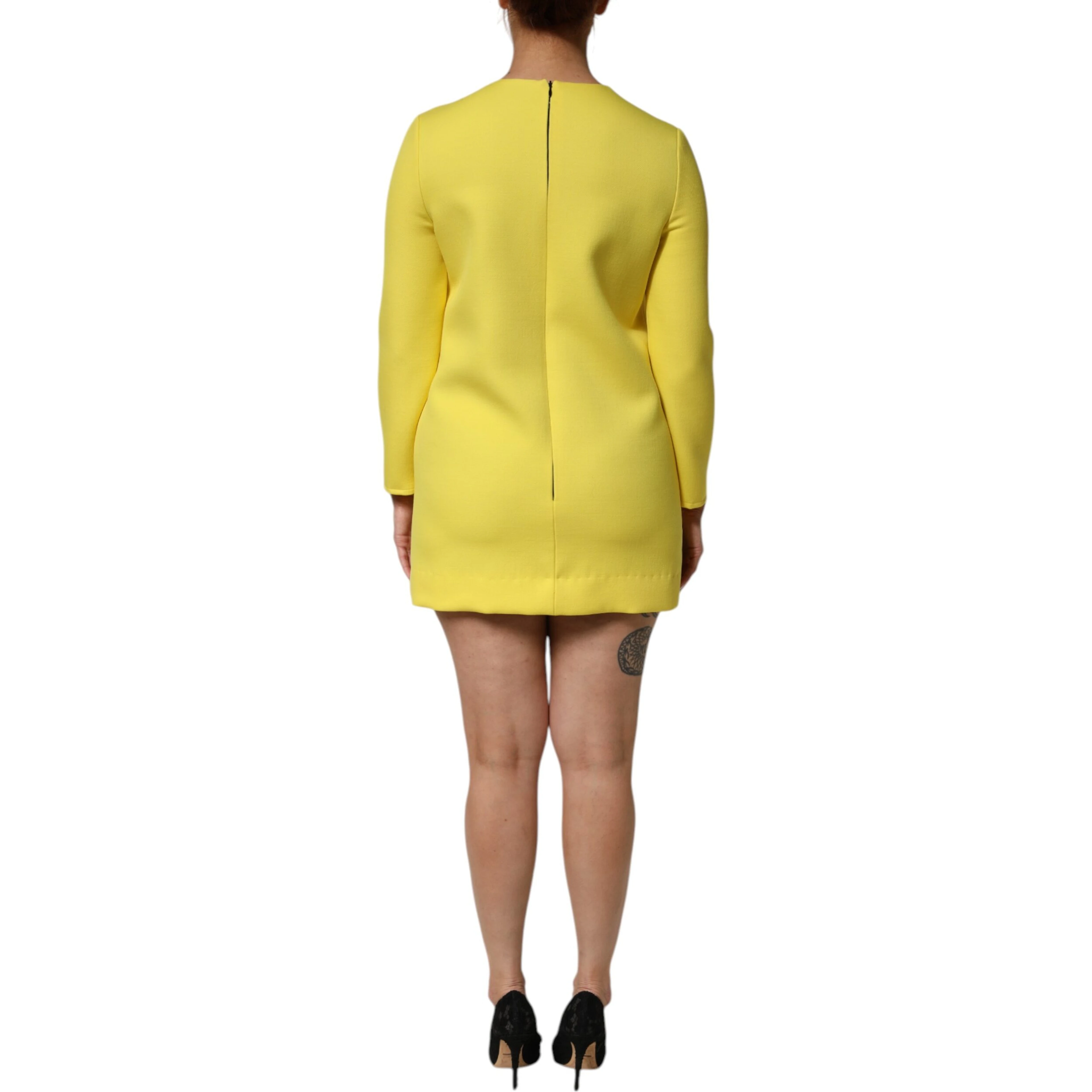 Yellow Viscose Acetate Mini Long Sleeve Dress