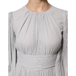 Grey Pleated Maxi Long Sleeve Silk Blend Gown Dress