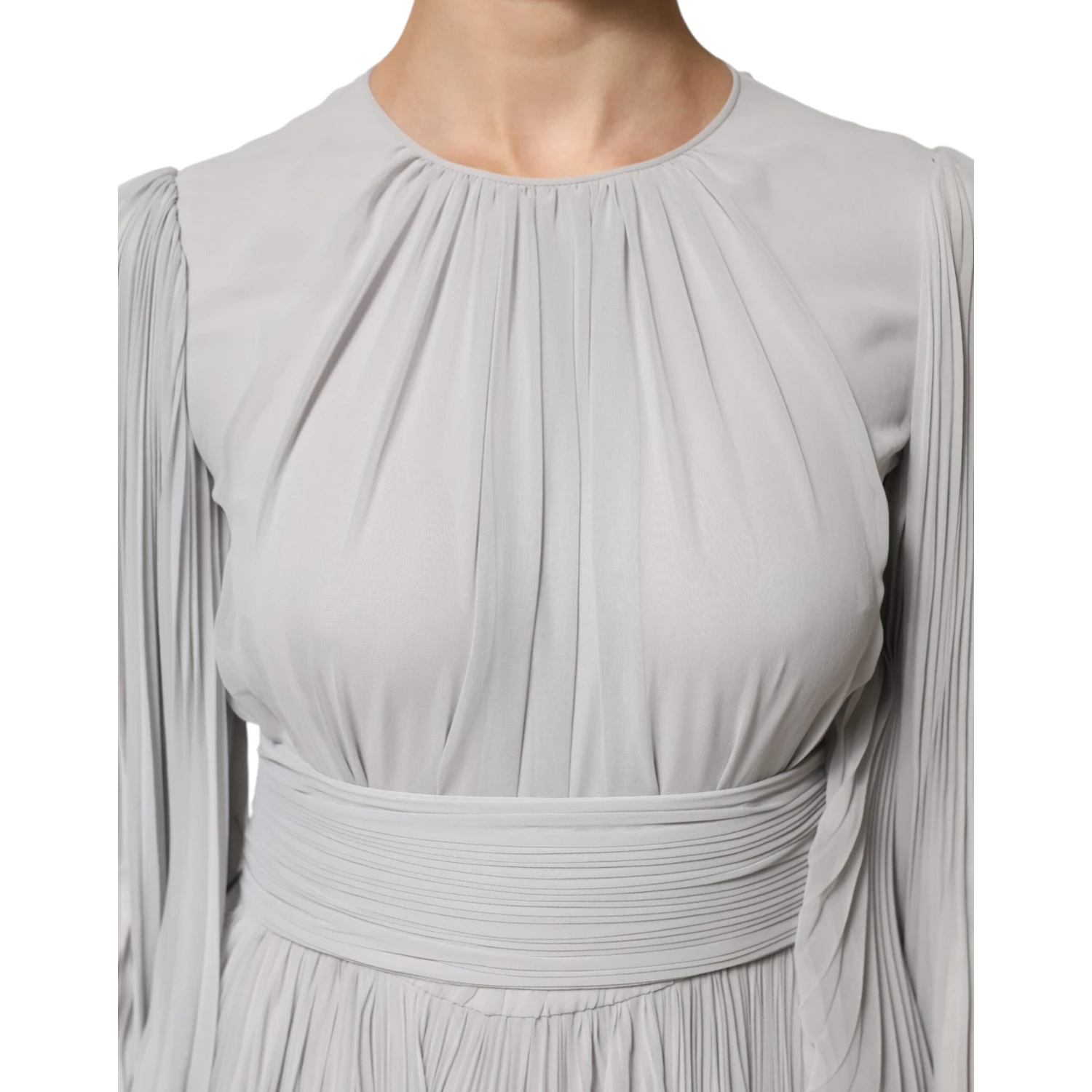 Grey Pleated Maxi Long Sleeve Silk Blend Gown Dress