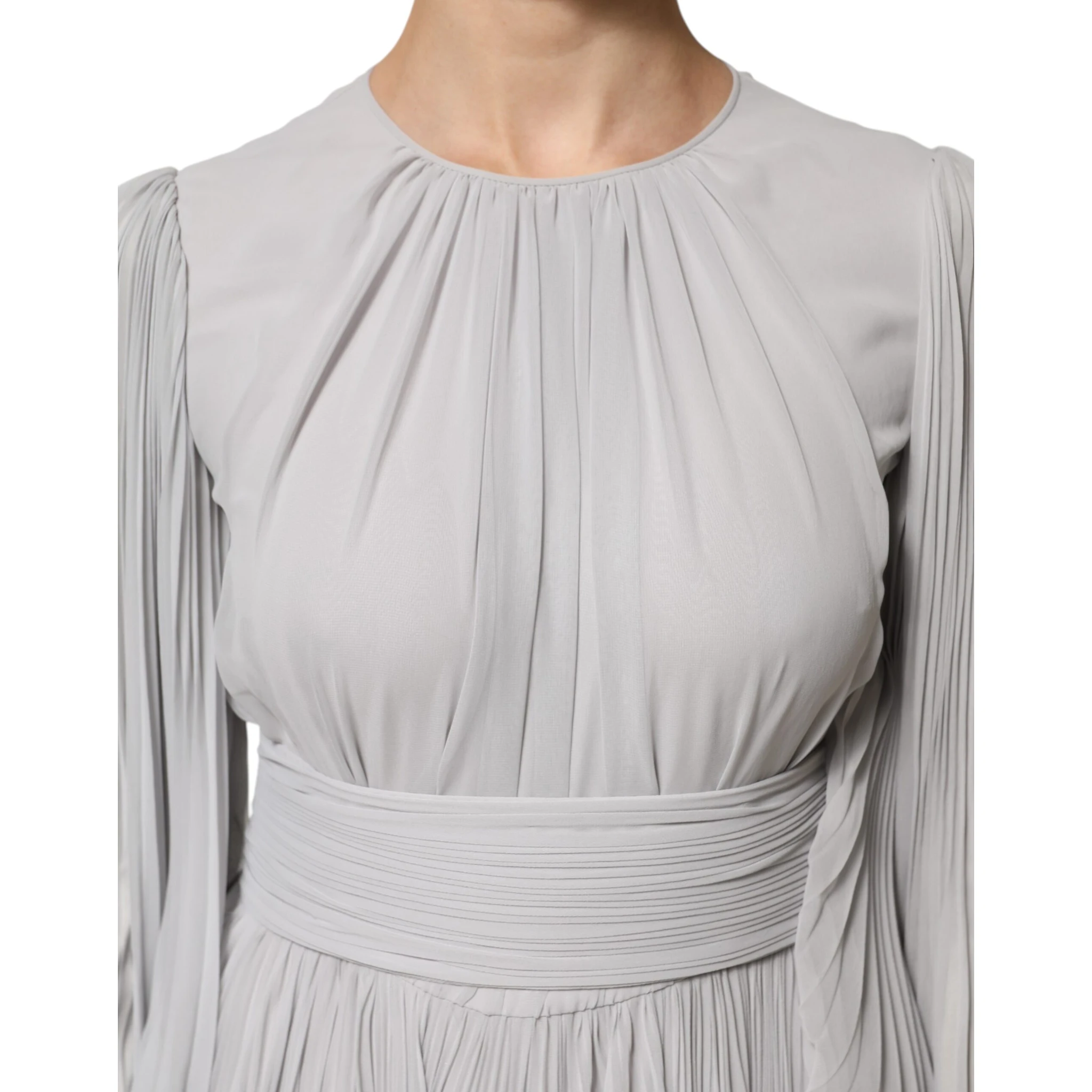 Grey Pleated Maxi Long Sleeve Silk Blend Gown Dress