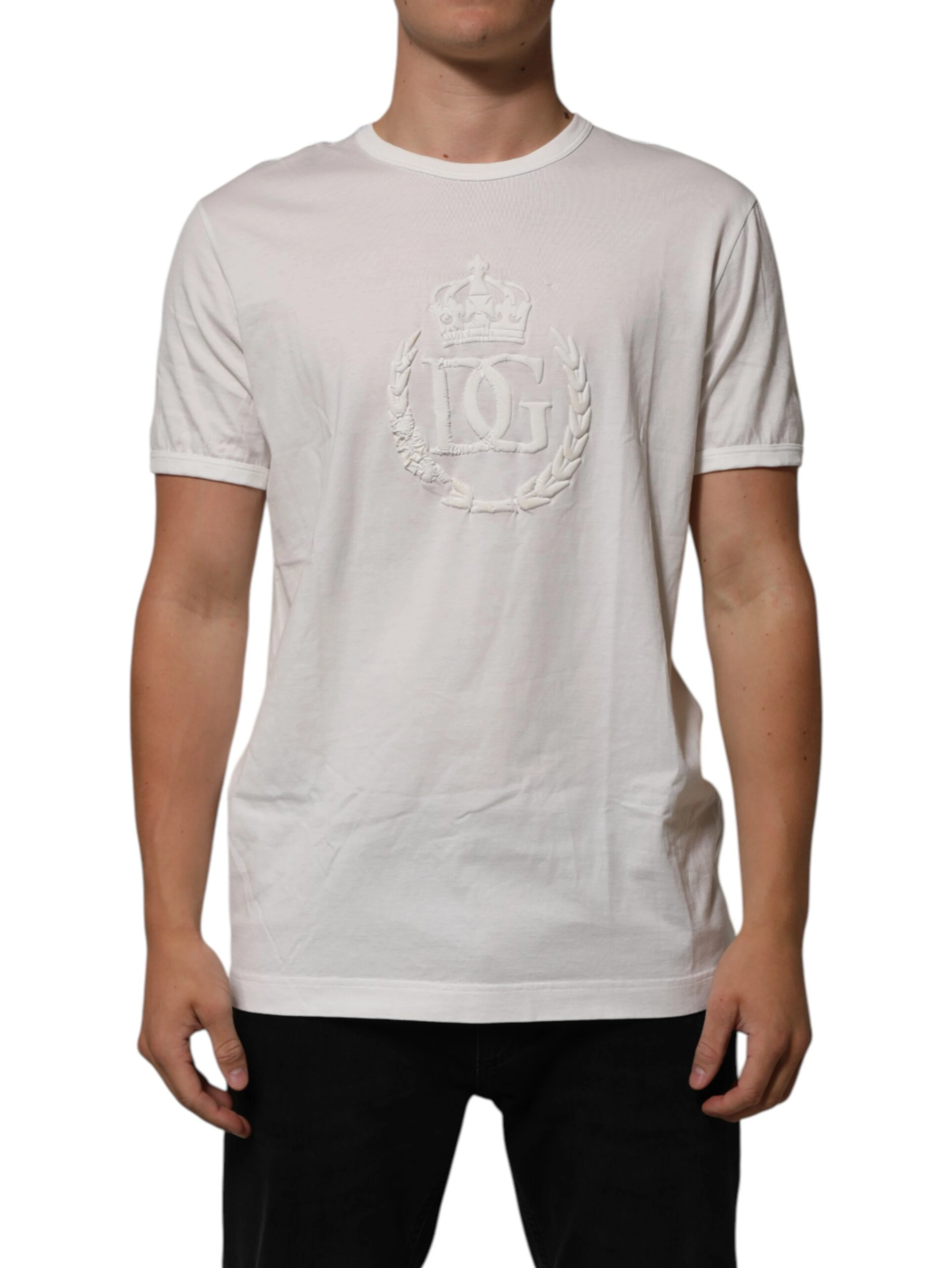 White Cotton DG Crown Embossed Men T-shirt
