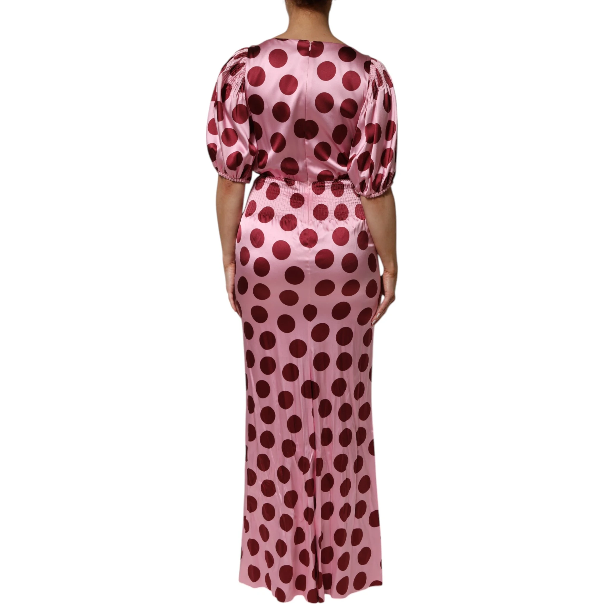 Pink Red Polka Dot Silk Satin Maxi Gown Dress