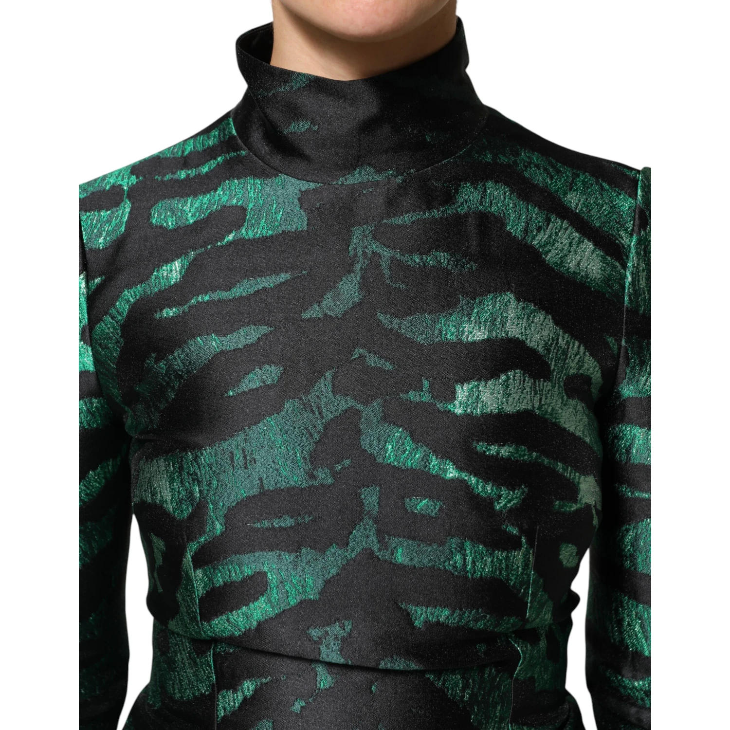 Black Green Metallic Jacquard Mini Long Dress