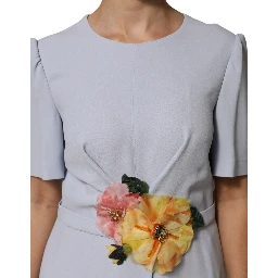 Light Blue Viscose Blend Floral Applique Dress