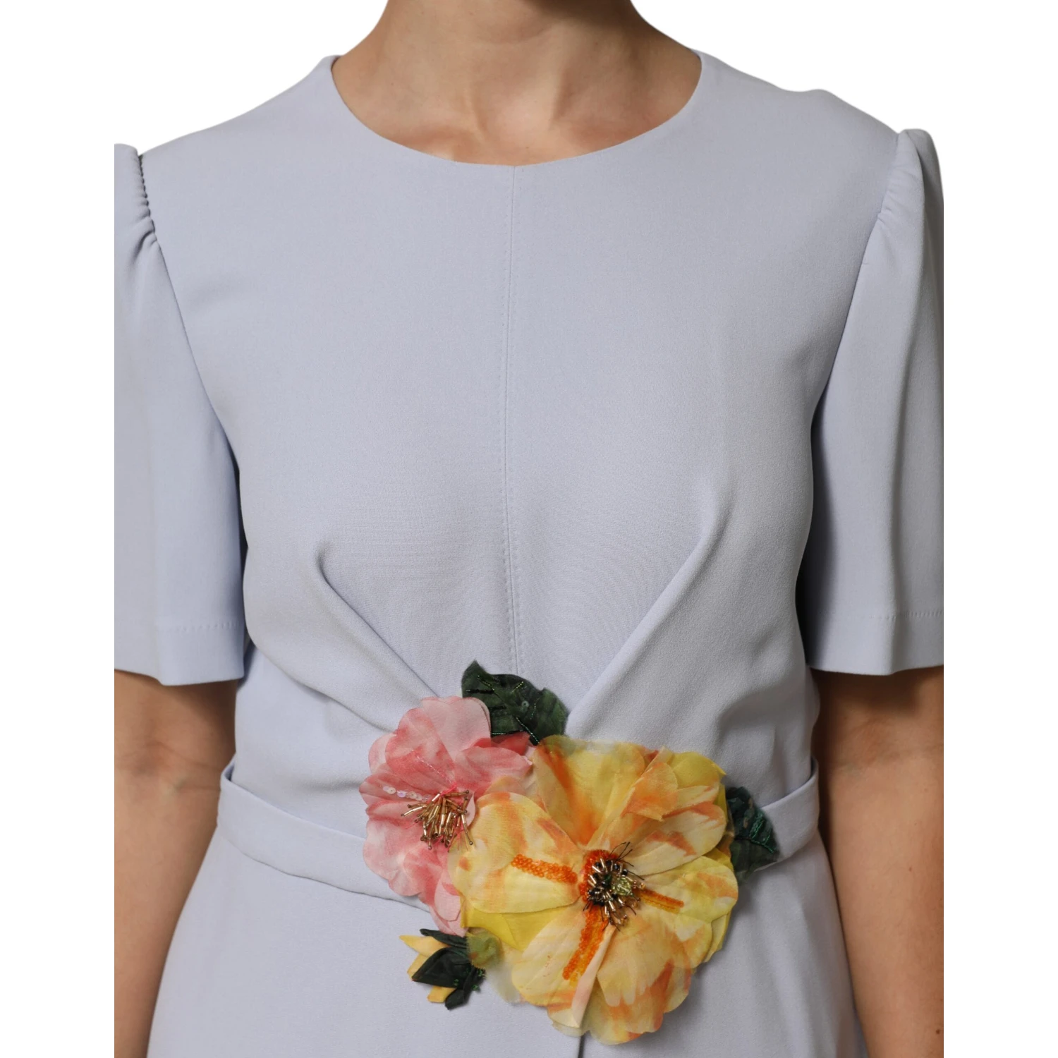Light Blue Viscose Blend Floral Applique Dress