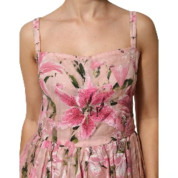 Pink Cotton Floral Pleated Sleeveless Dress
