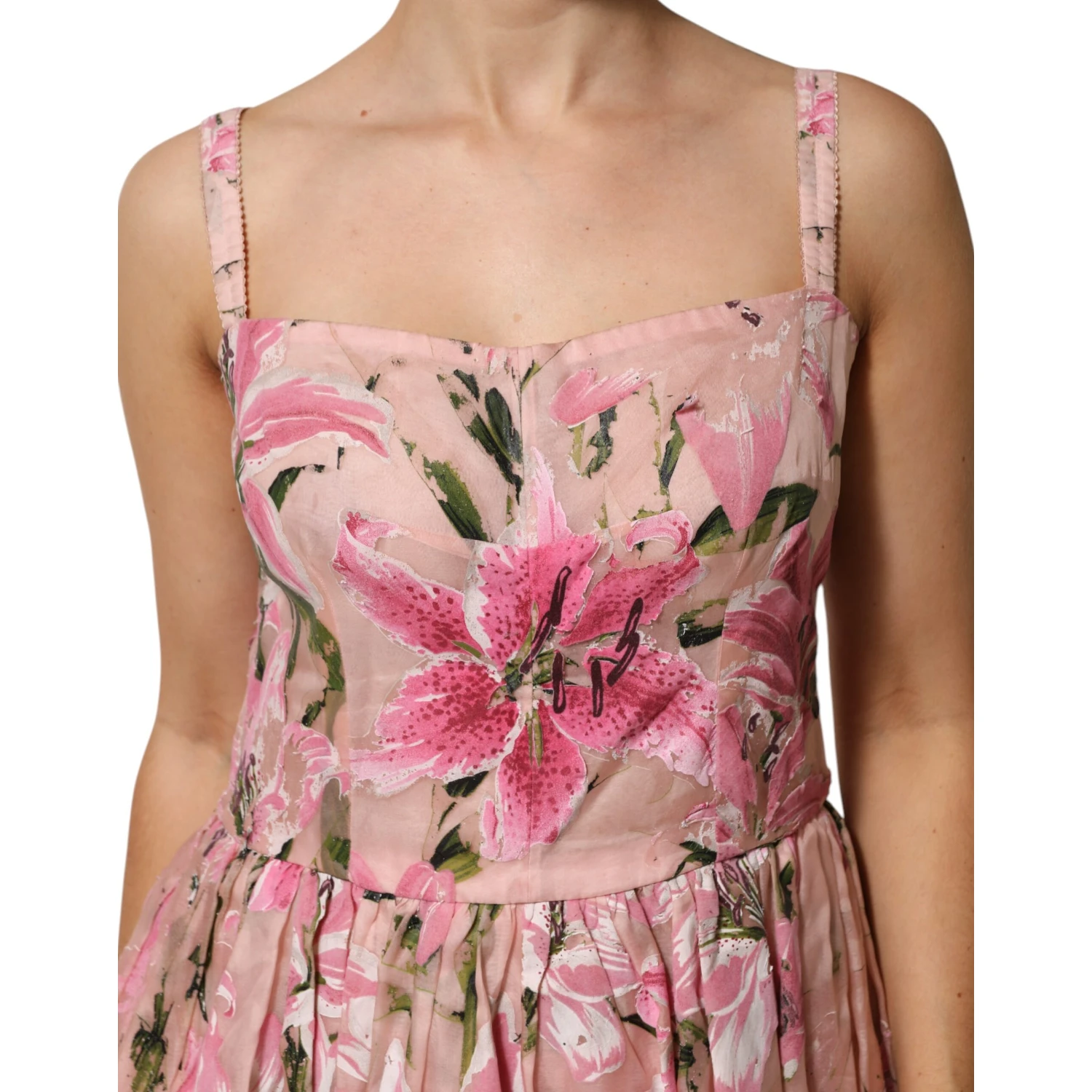 Pink Cotton Floral Pleated Sleeveless Dress