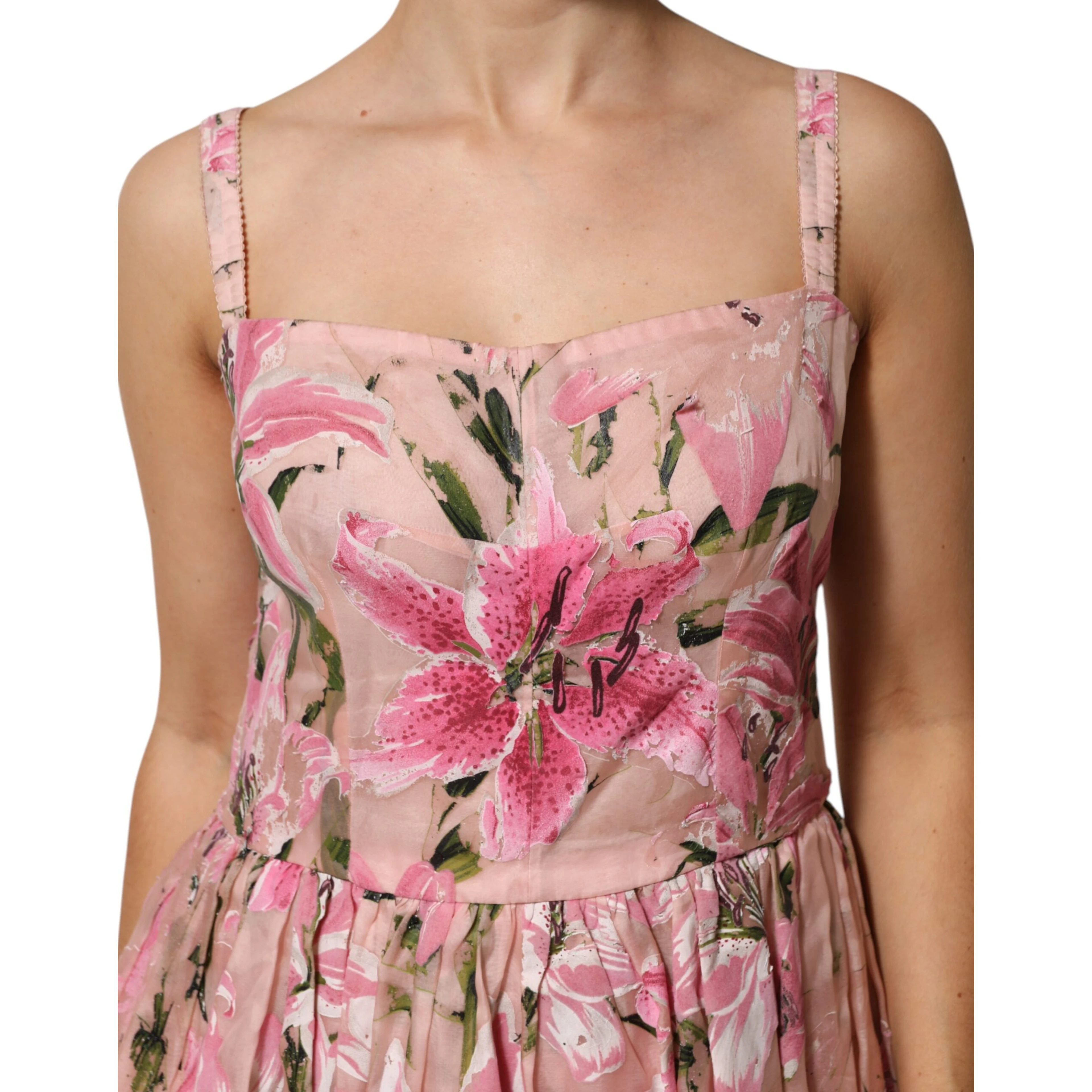 Pink Cotton Floral Pleated Sleeveless Dress