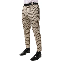 Beige Black Striped Cotton Slim Fit Trousers Pants
