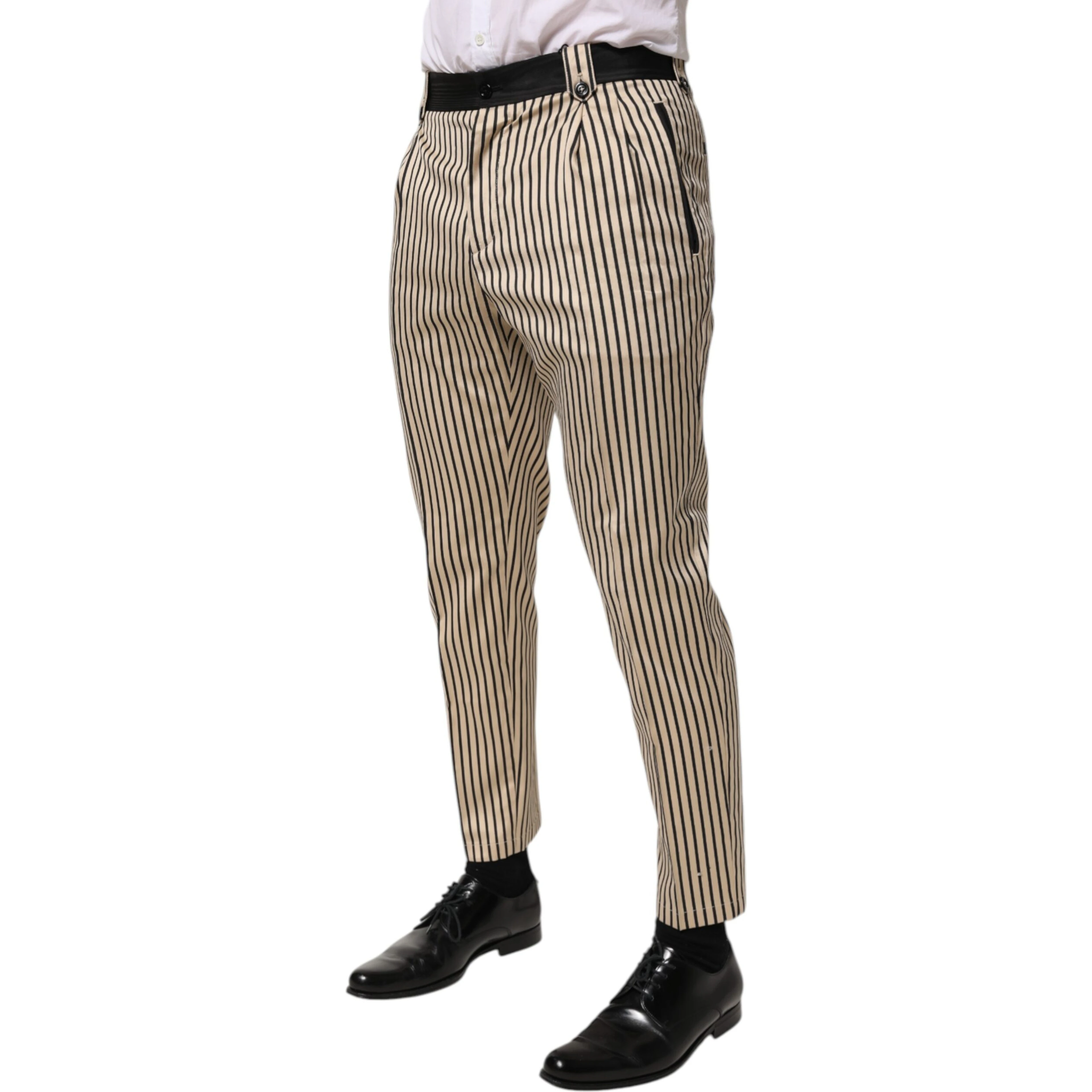 Beige Black Striped Cotton Slim Fit Trousers Pants