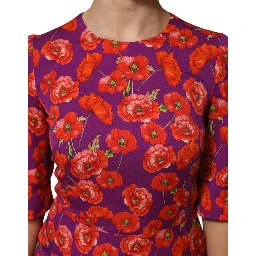 Purple Silk Floral Print Midi Sheath Dress