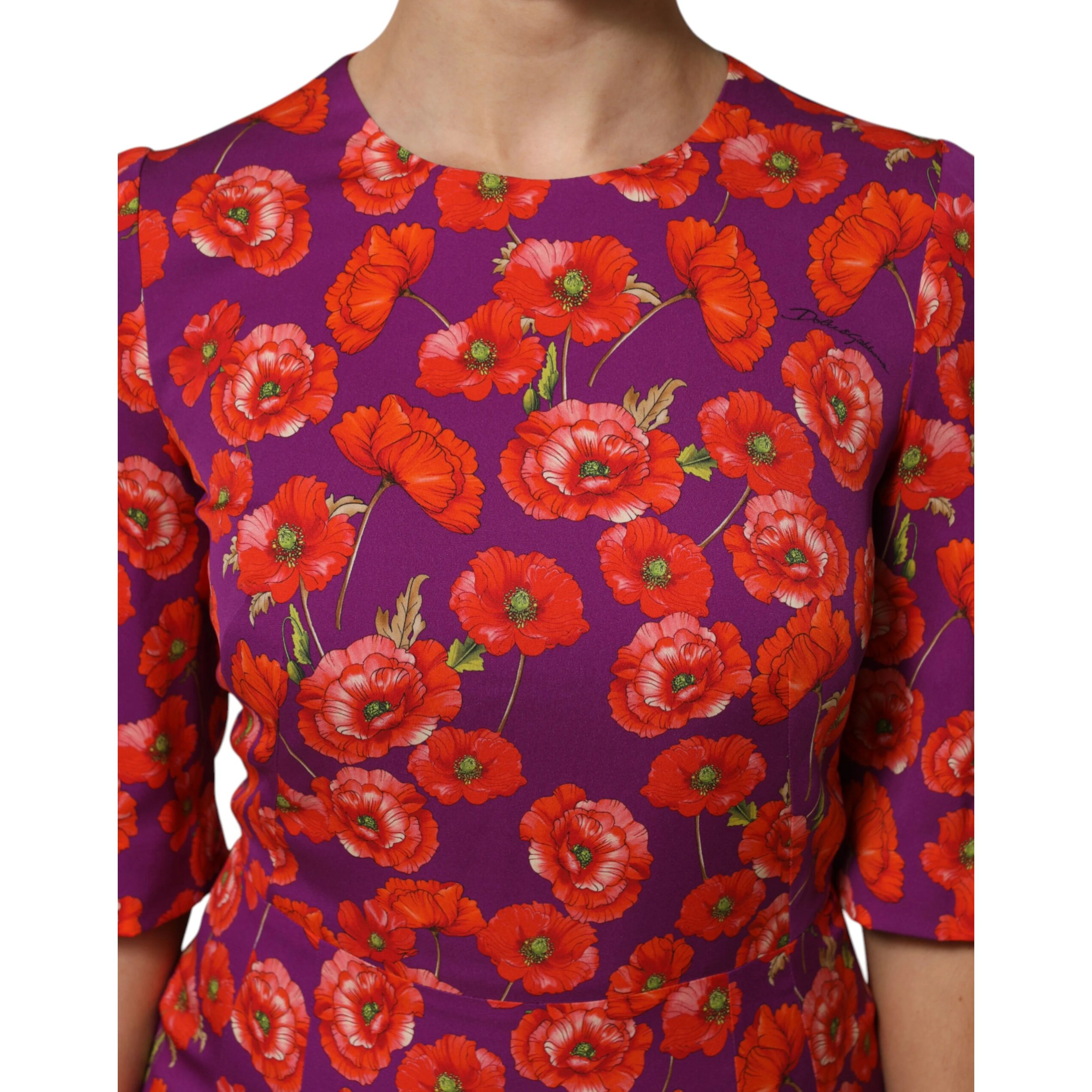 Purple Silk Floral Print Midi Sheath Dress