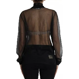 Black Mesh Turtleneck Sheer Blouse Top