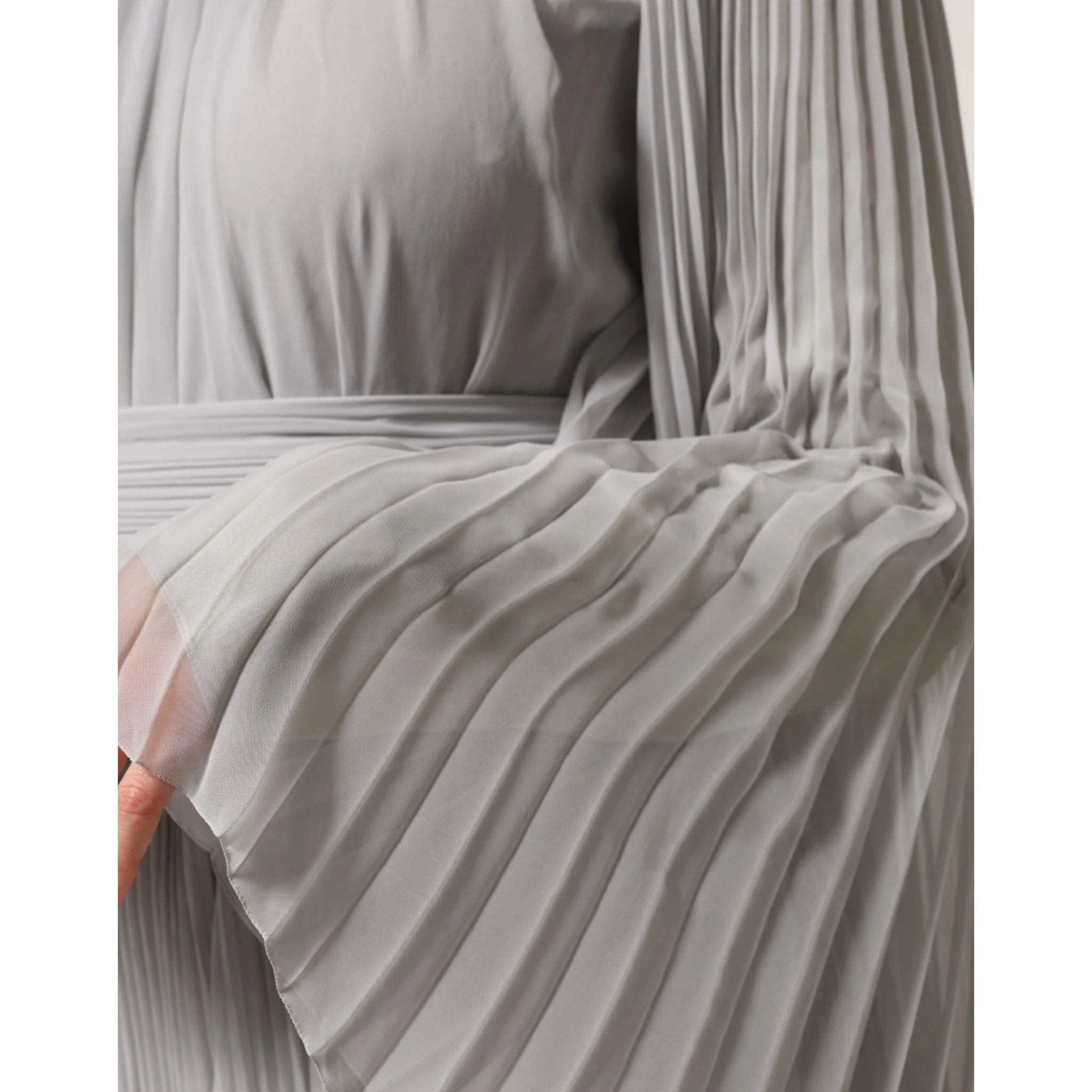 Grey Pleated Maxi Long Sleeve Silk Blend Gown Dress