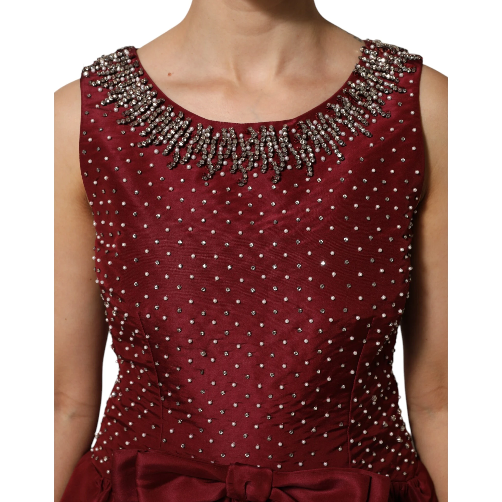 Burgundy Silk Beaded Evening Gown Dress