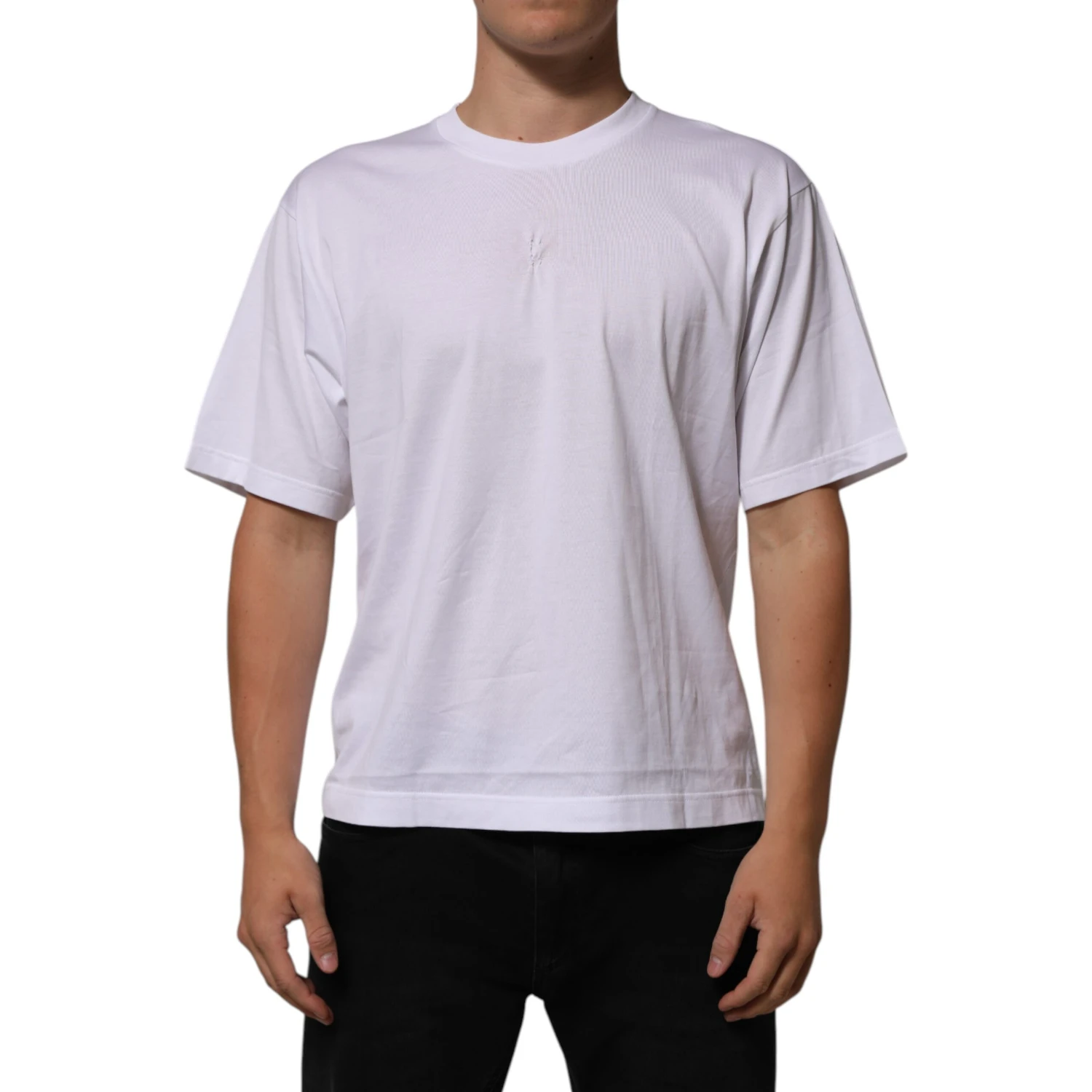 White Cotton Logo Patch Crew Neck Men T-shirt