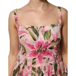 Pink Floral Lily Print Midi Sleeveless Dress