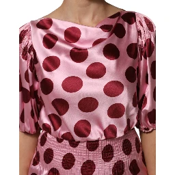 Pink Red Polka Dot Silk Satin Maxi Gown Dress