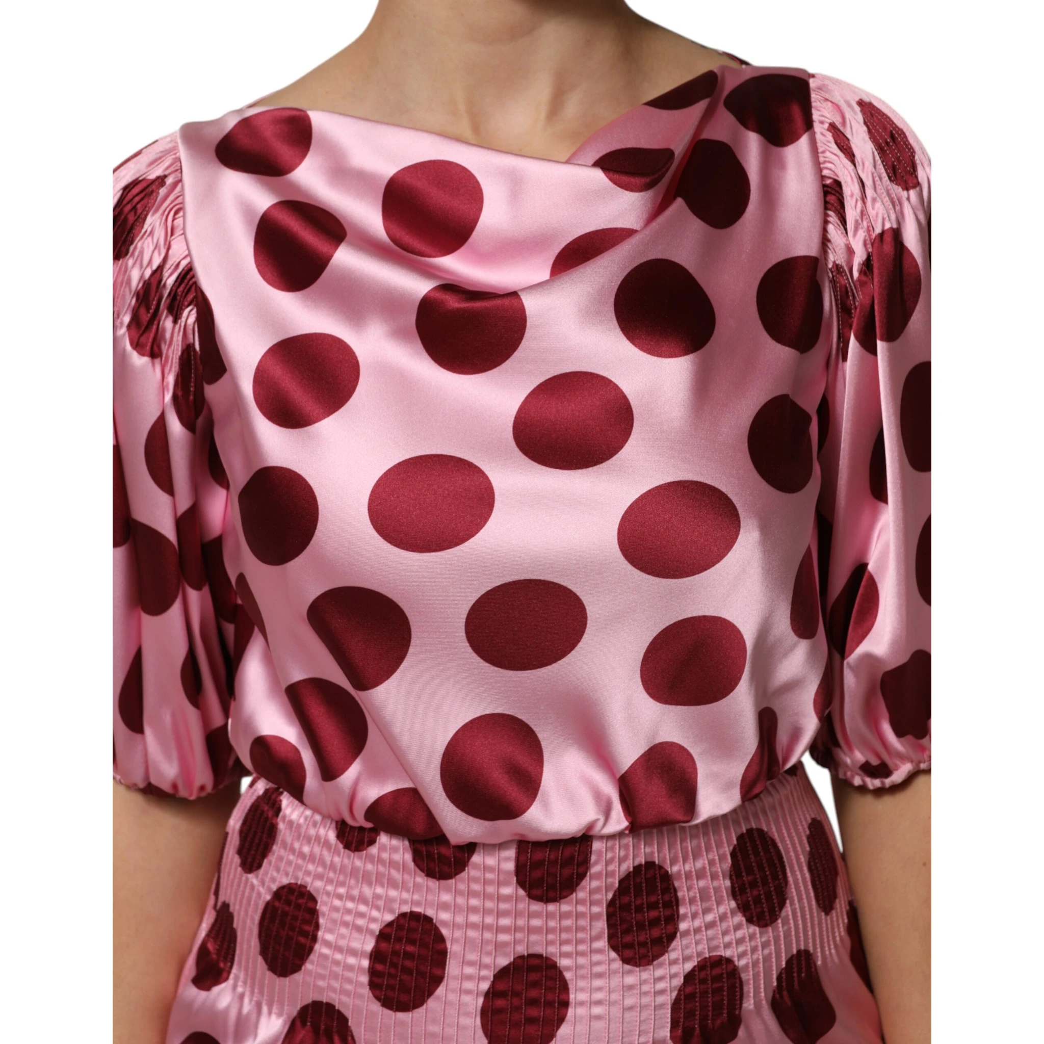 Pink Red Polka Dot Silk Satin Maxi Gown Dress