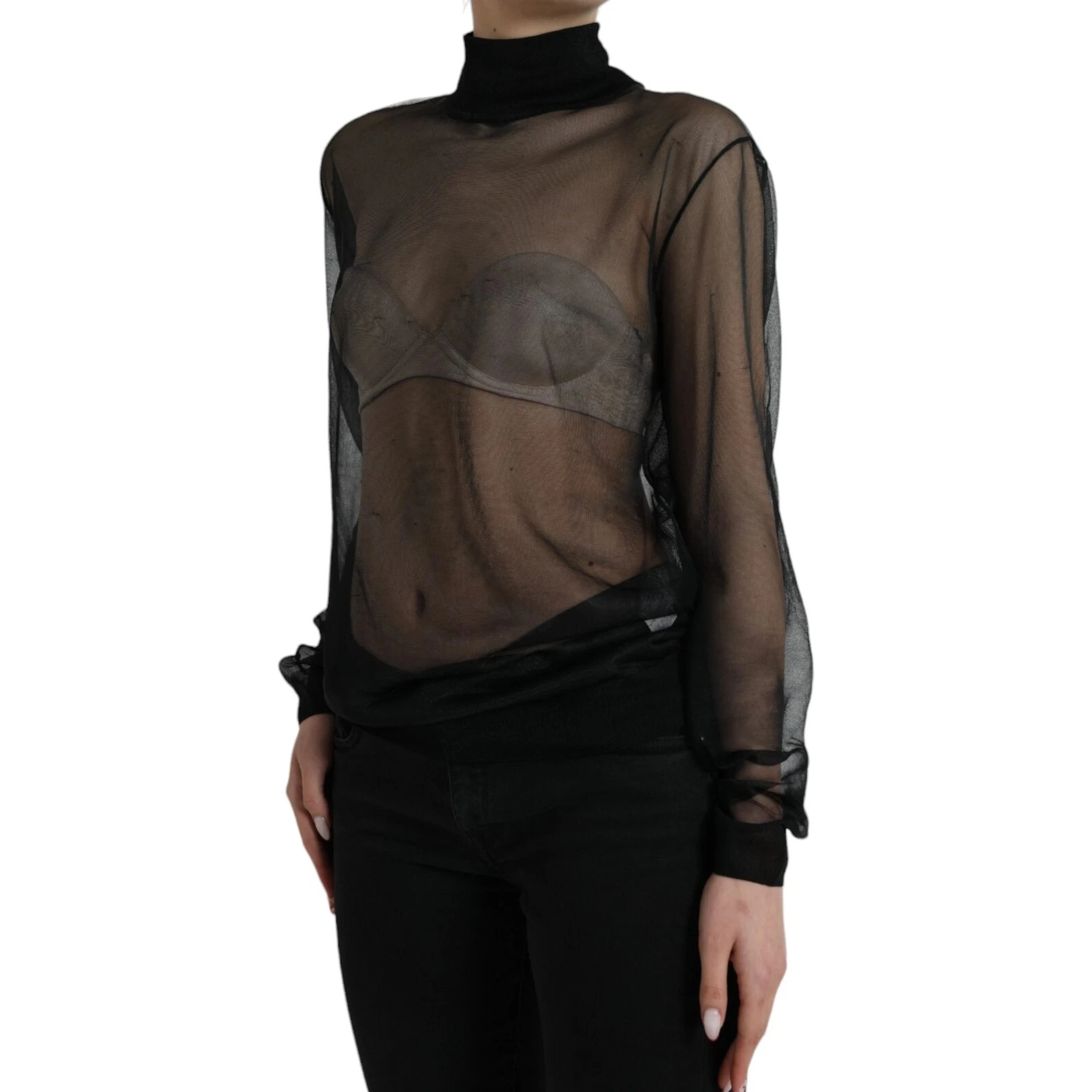 Black Mesh Turtleneck Sheer Blouse Top