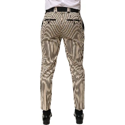 Beige Black Striped Cotton Slim Fit Trousers Pants