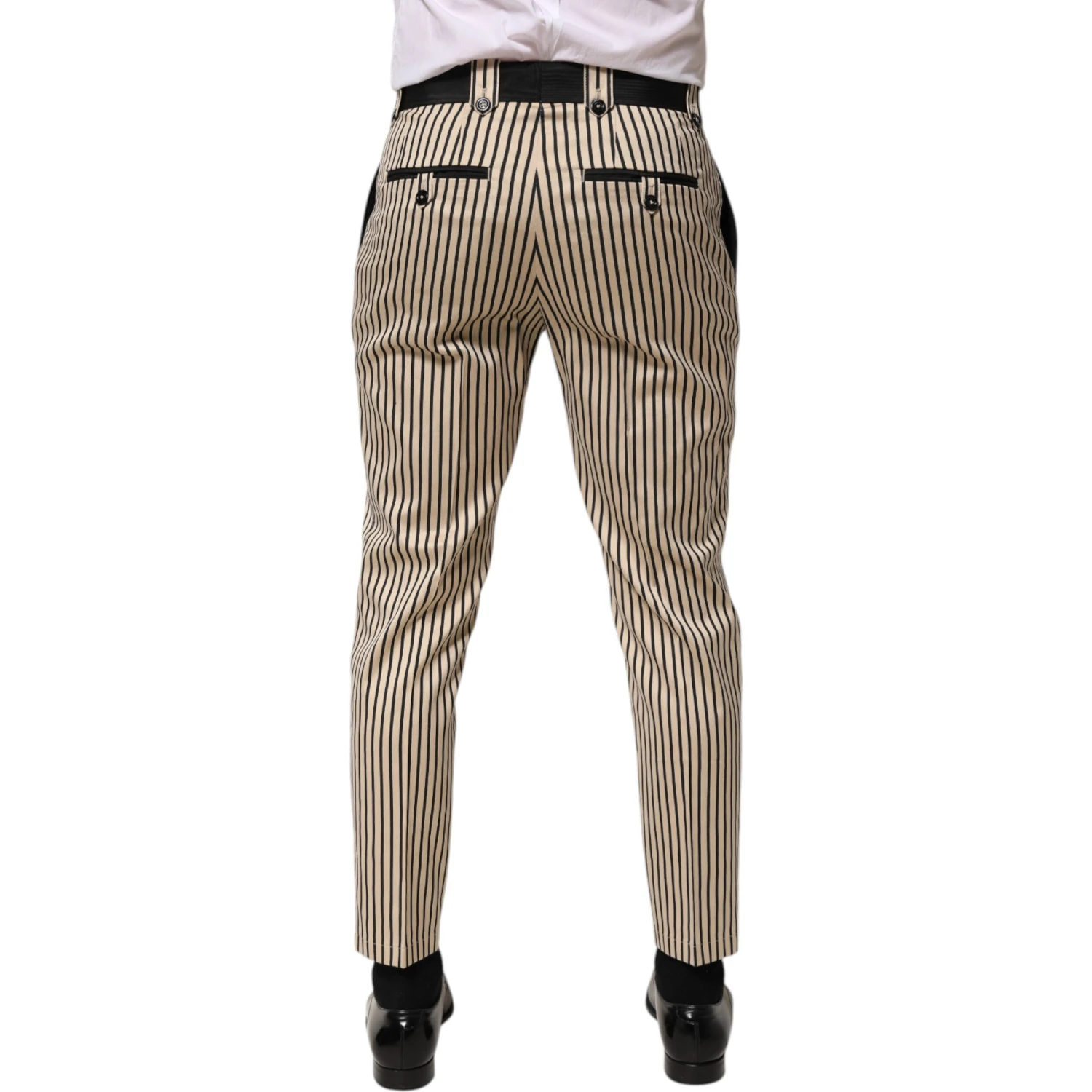 Beige Black Striped Cotton Slim Fit Trousers Pants