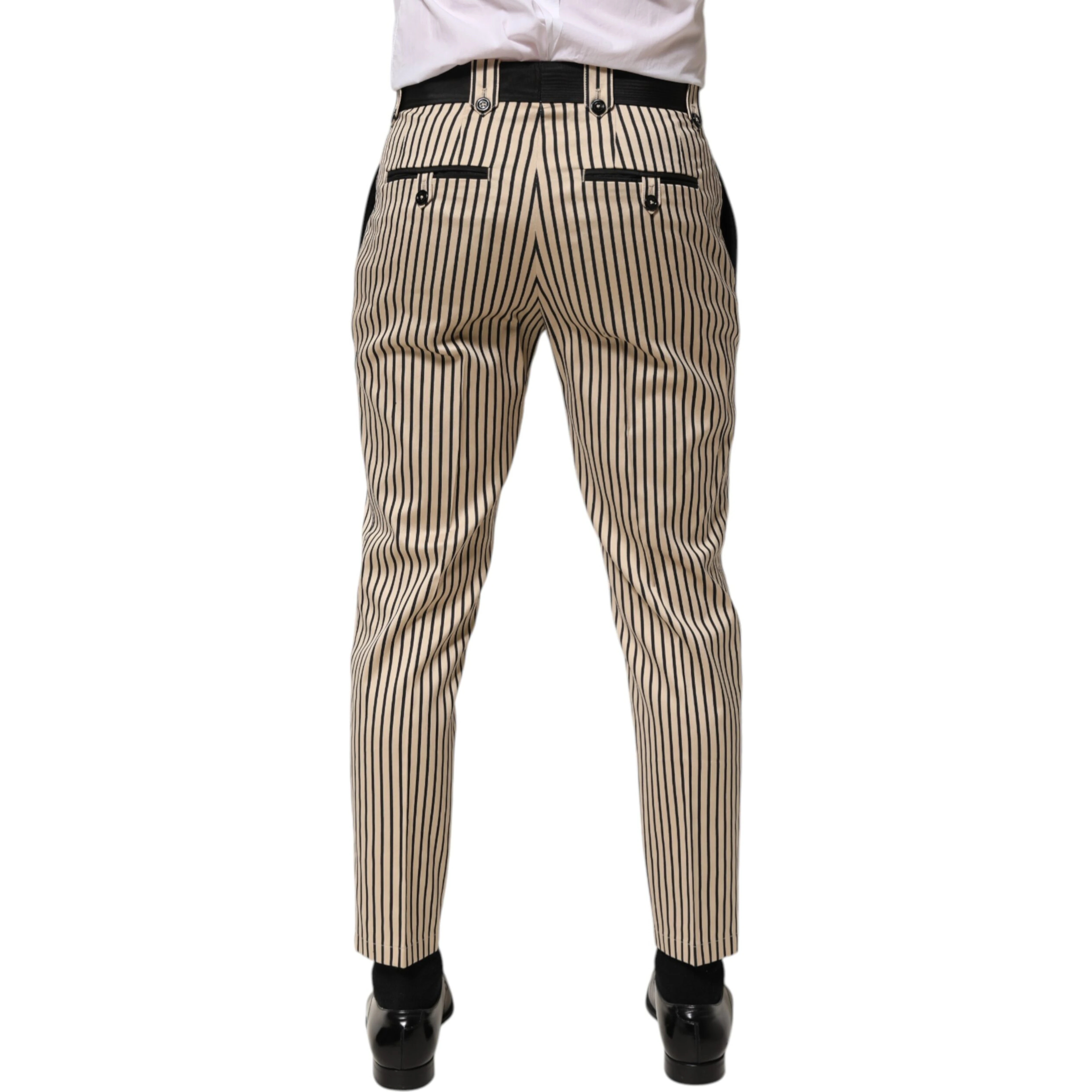 Beige Black Striped Cotton Slim Fit Trousers Pants