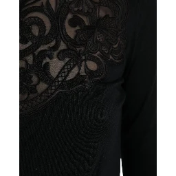 Black Silk Lace Trim Long Sleeves Blouse Top
