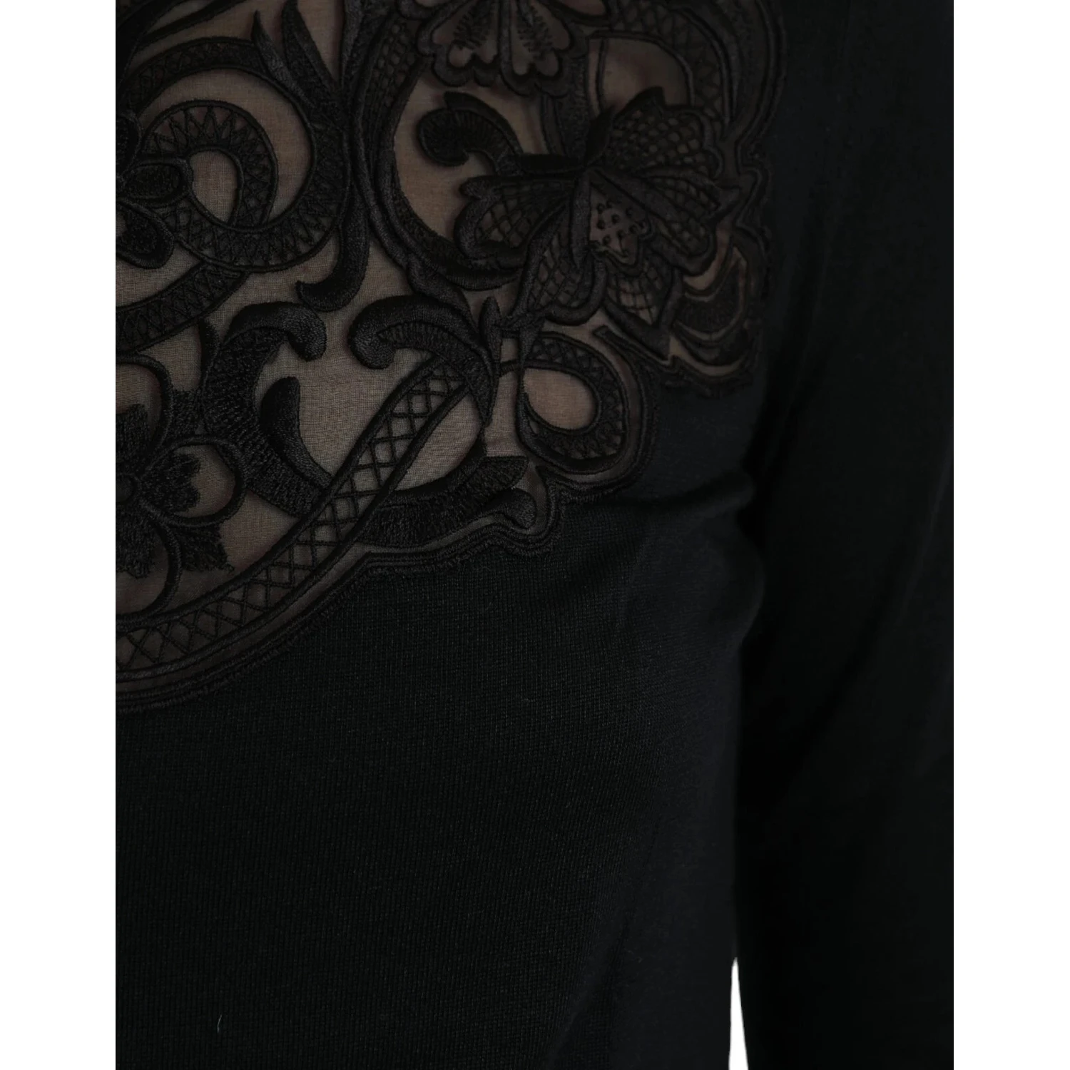 Black Silk Lace Trim Long Sleeves Blouse Top