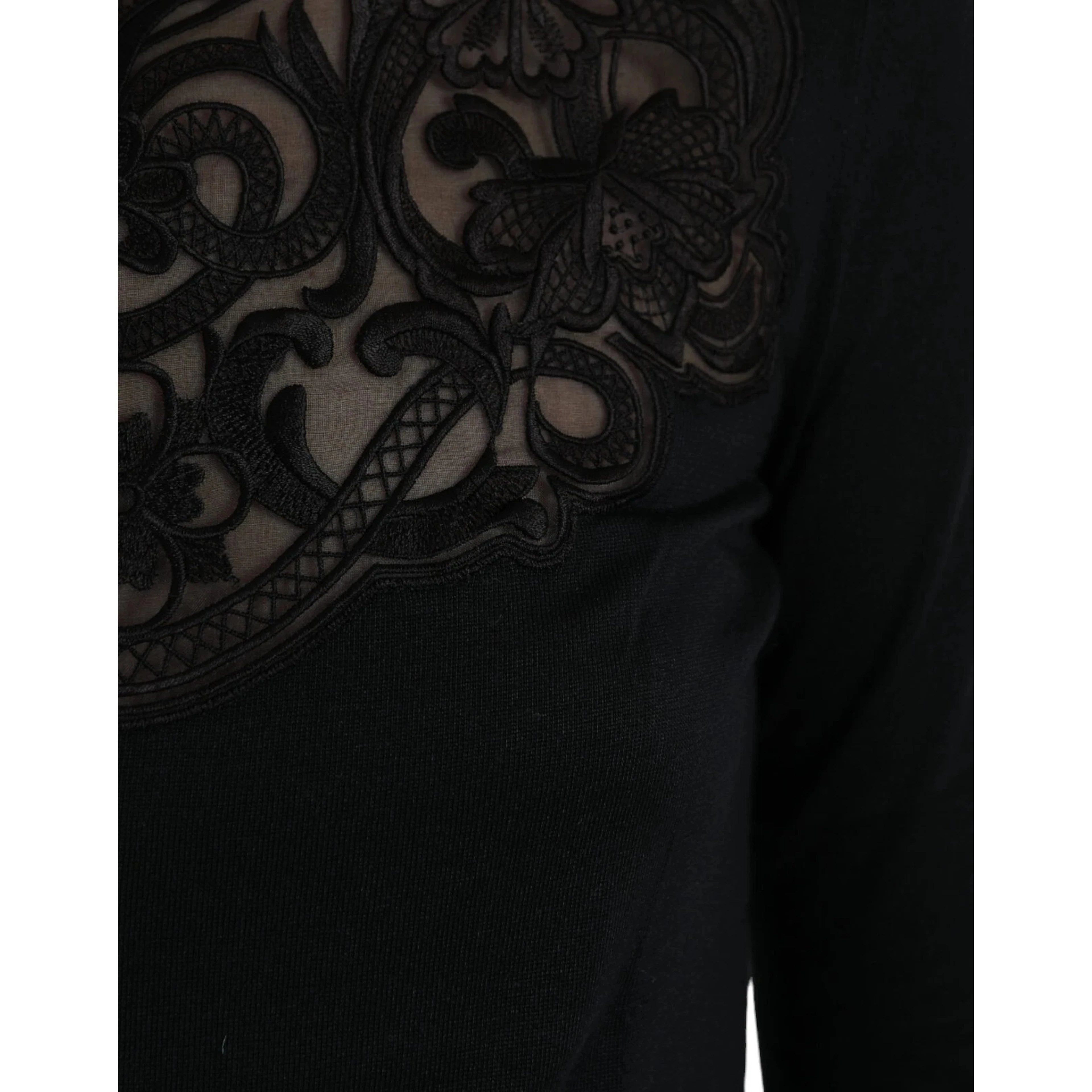 Black Silk Lace Trim Long Sleeves Blouse Top