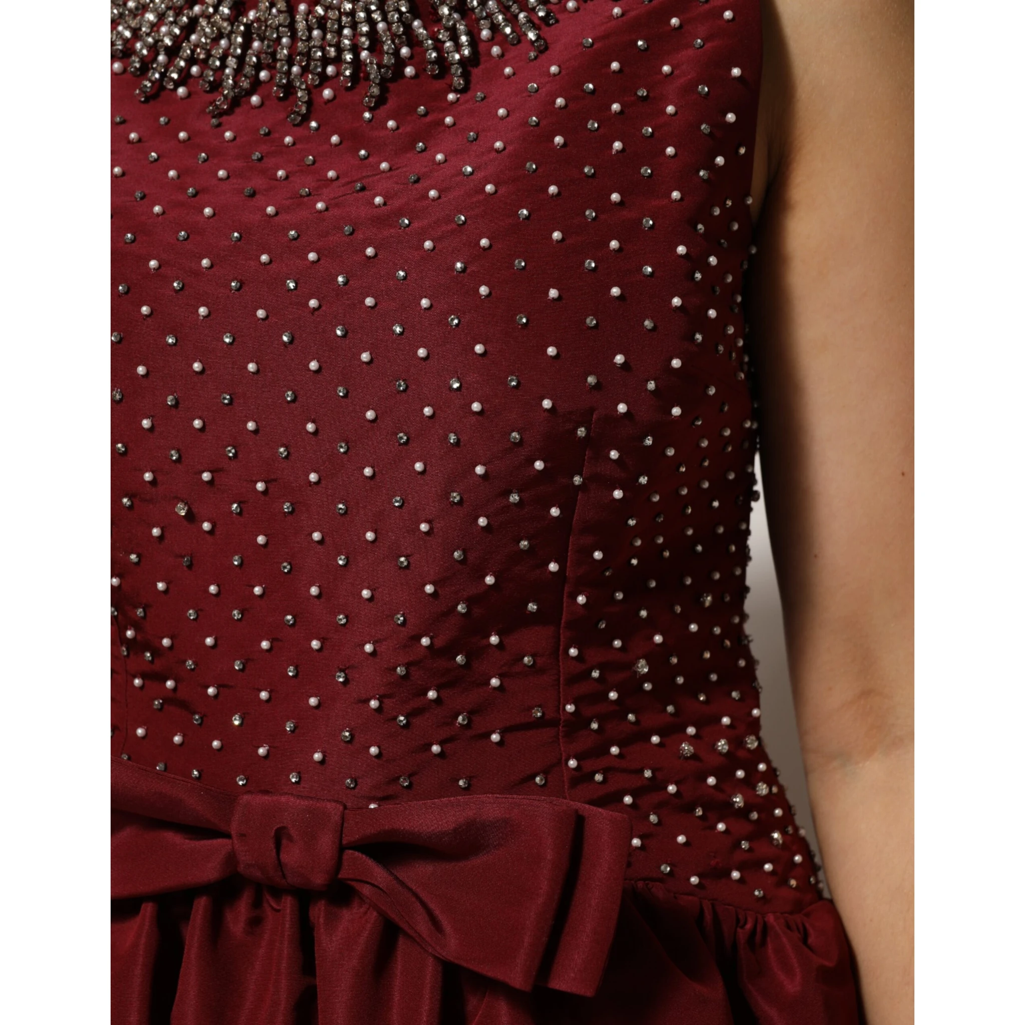 Burgundy Silk Beaded Evening Gown Dress
