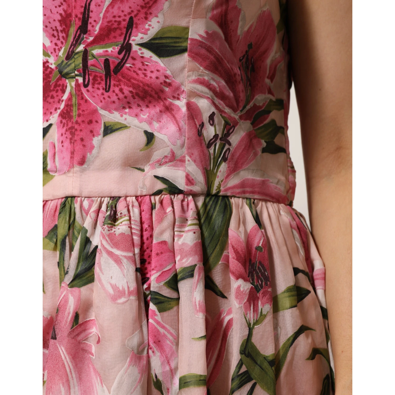 Pink Floral Lily Print Midi Sleeveless Dress
