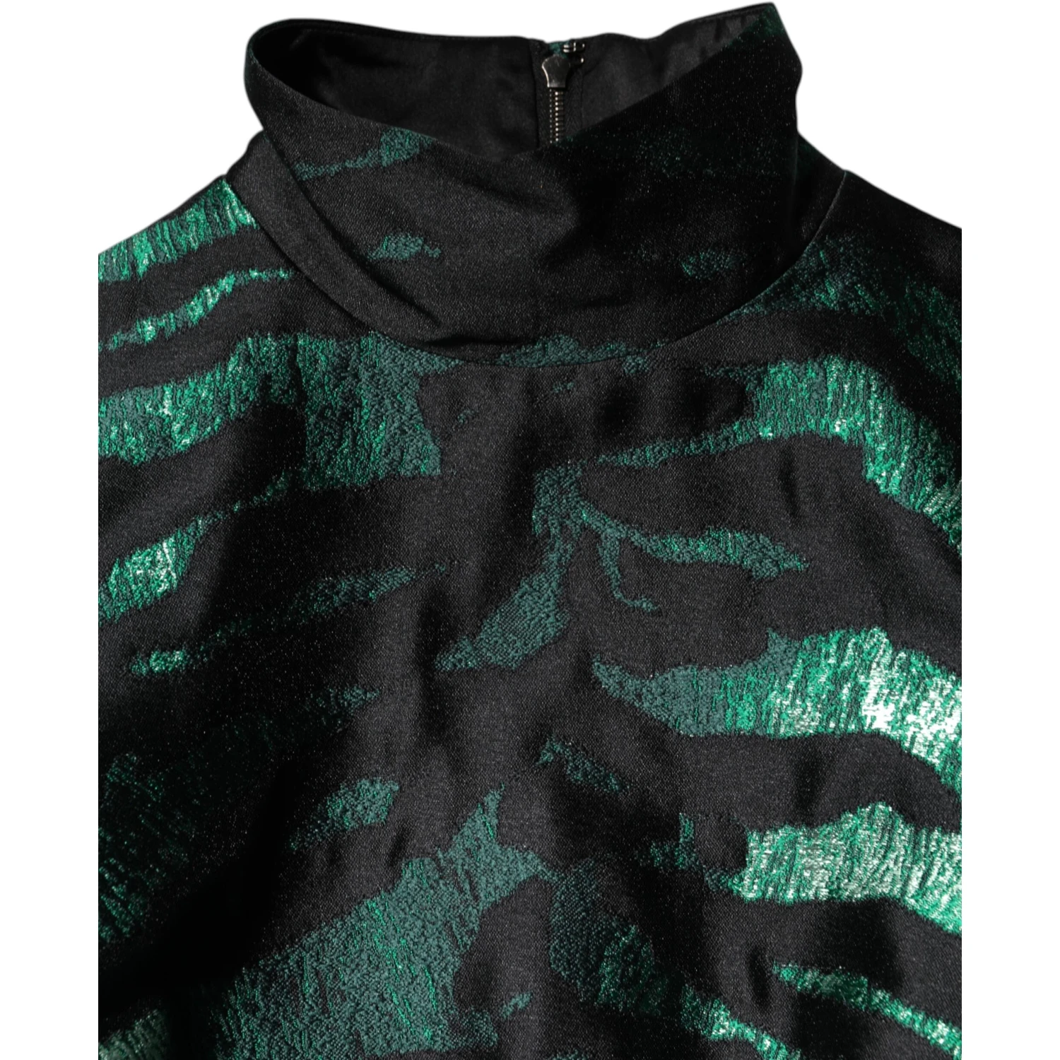 Black Green Metallic Jacquard Mini Long Dress
