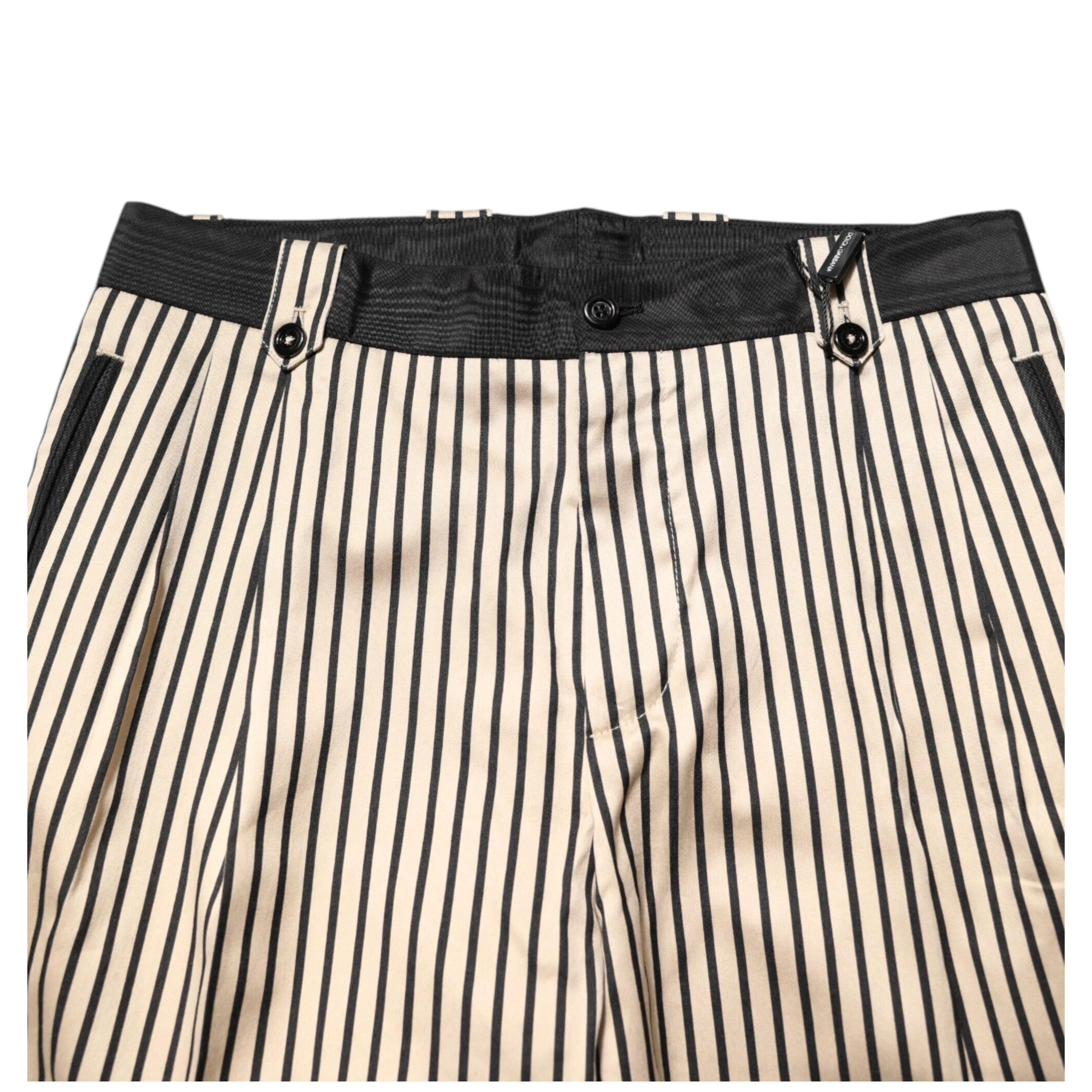 Beige Black Striped Cotton Slim Fit Trousers Pants