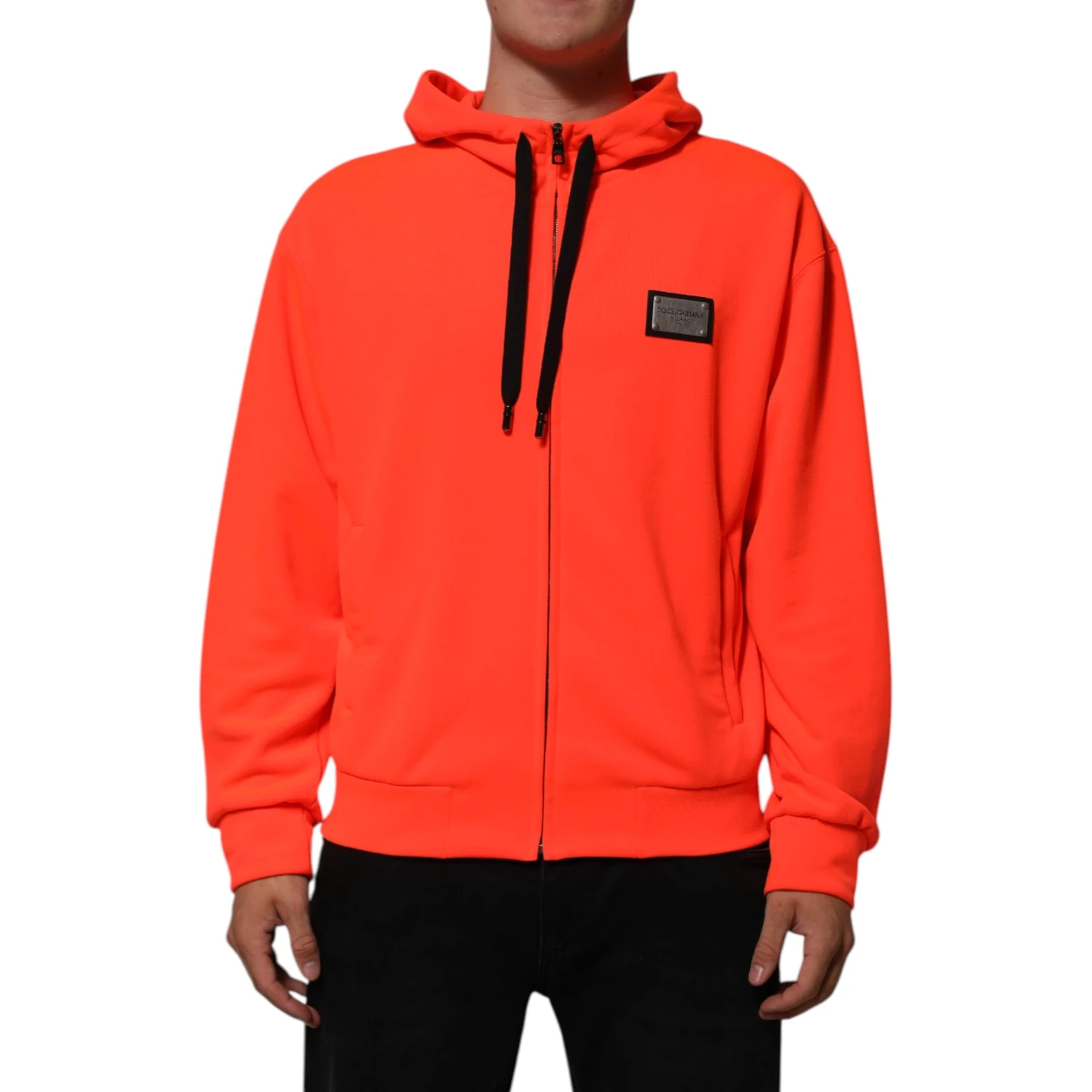Red Fluorescent Polyester Logo Patch Hoodie Sweater