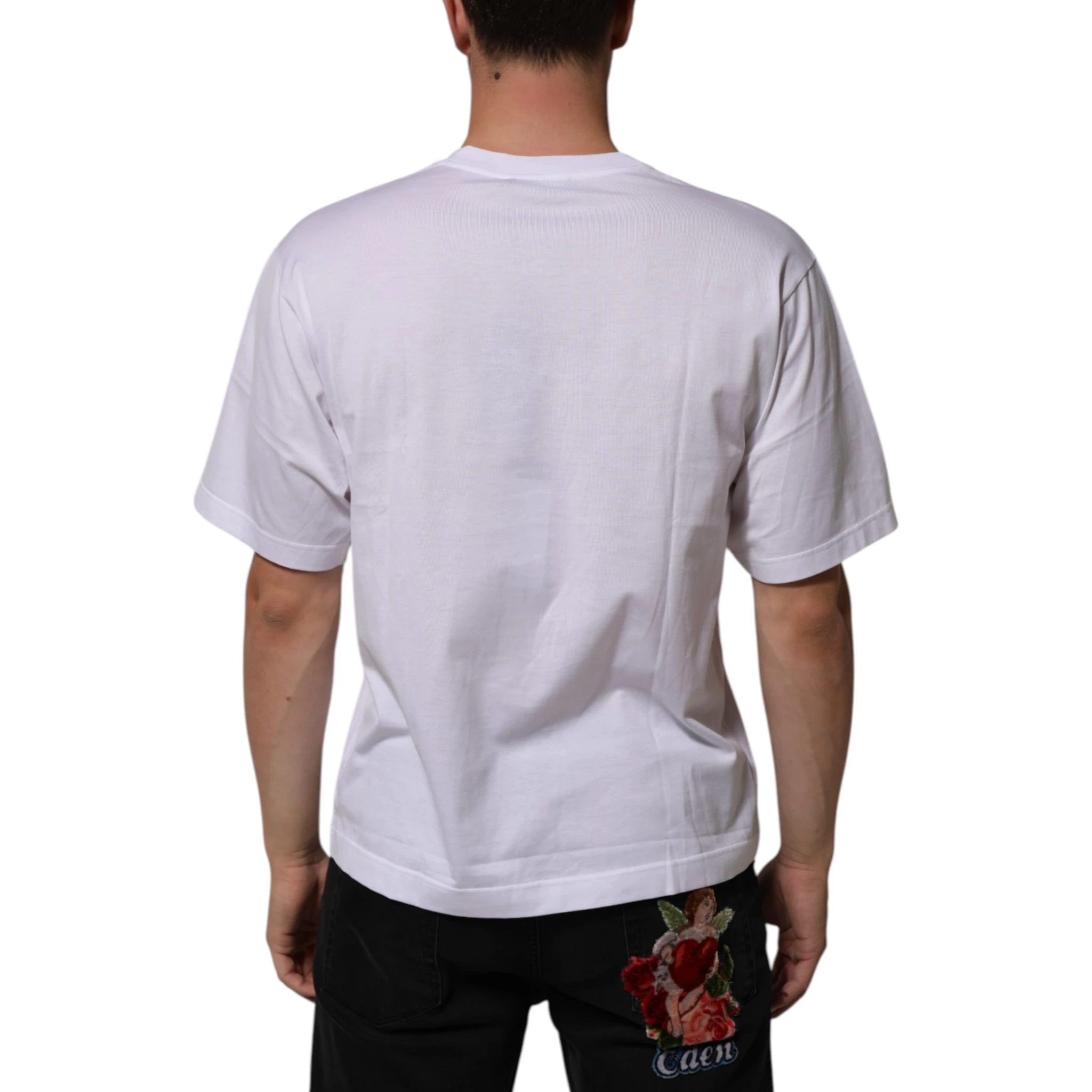 White Cotton Logo Patch Crew Neck Men T-shirt