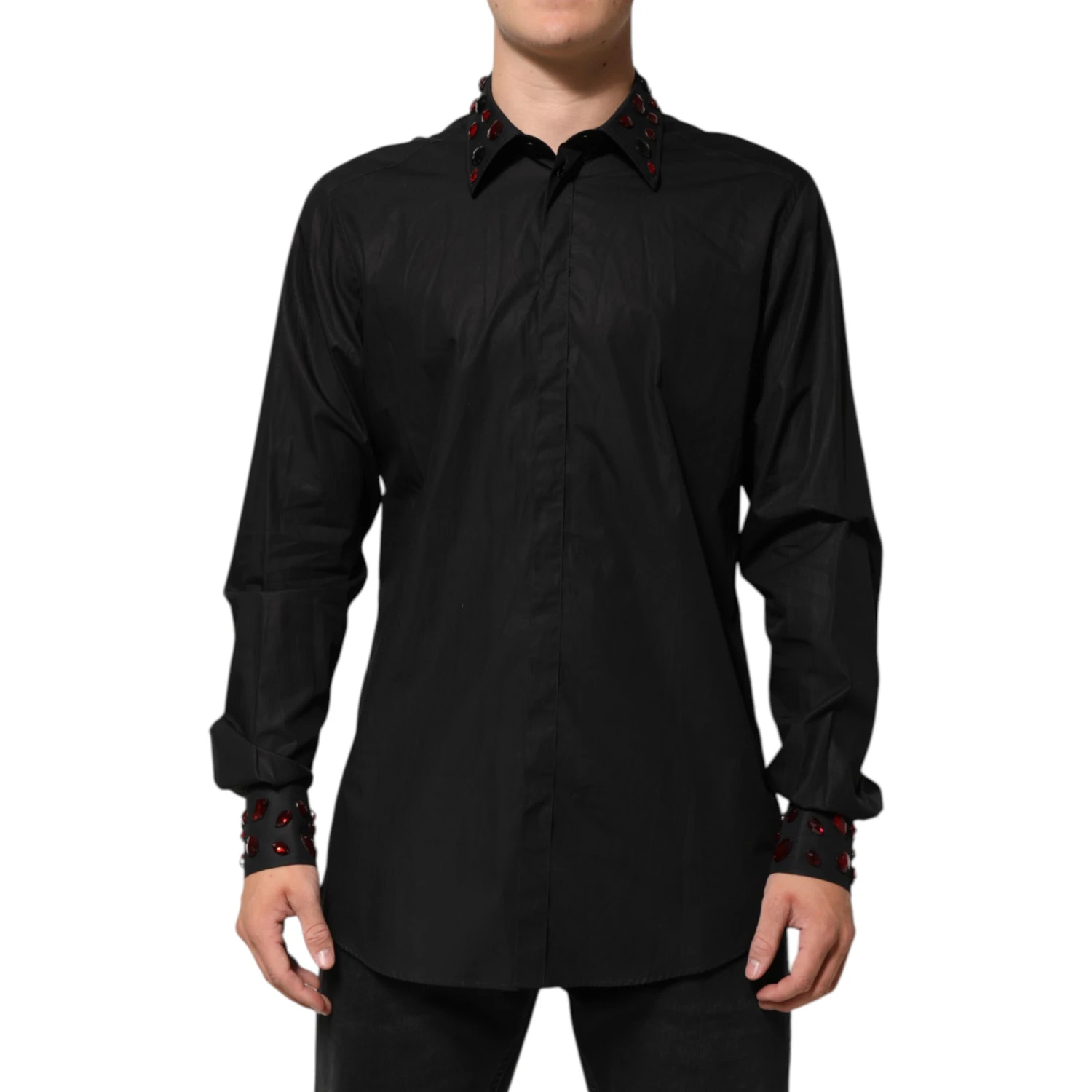 Black Cotton Embellished Collar Men’s Shirt