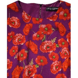 Purple Silk Floral Print Midi Sheath Dress