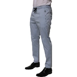 Light Blue Cotton Drawstring Elastic Waist Men Pants