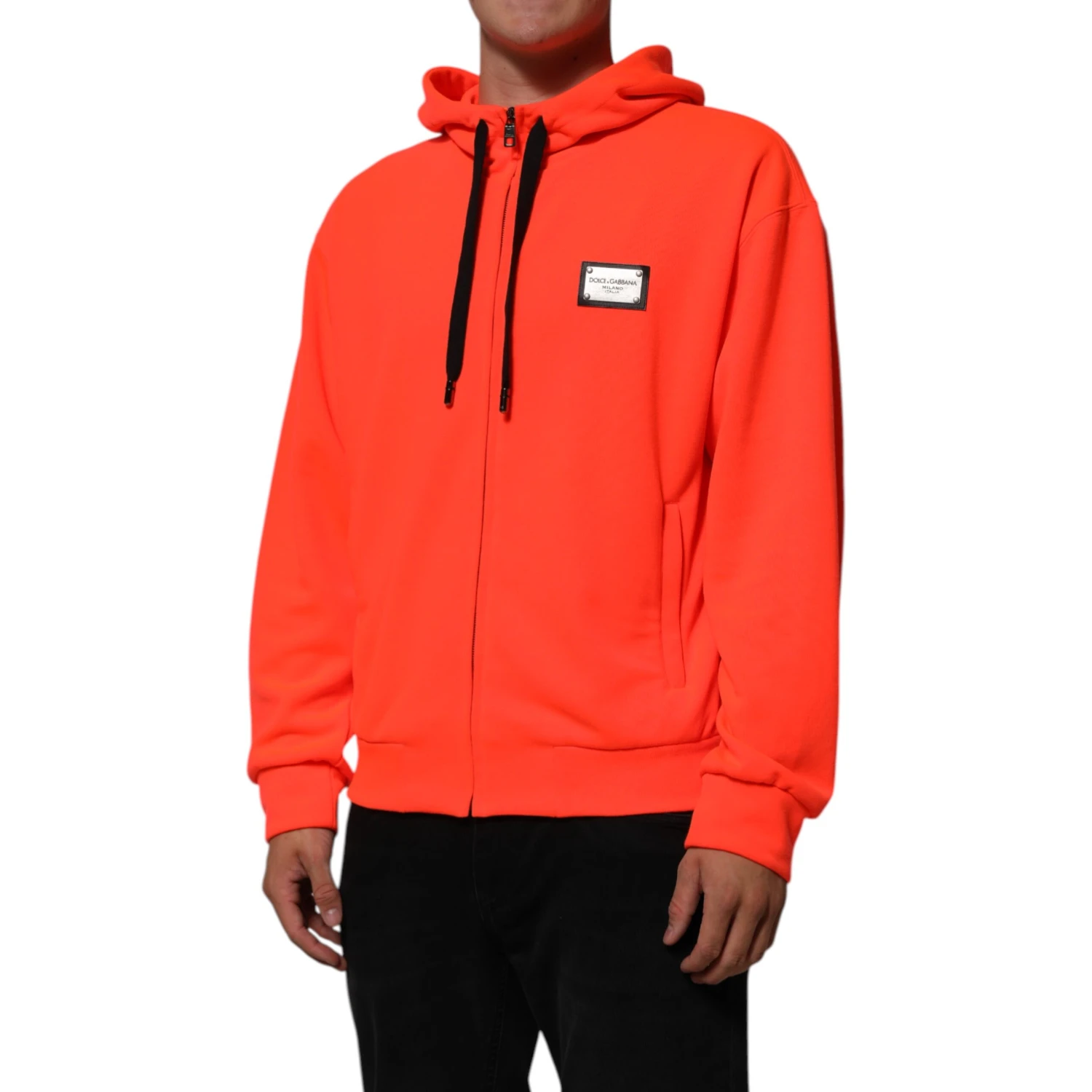 Red Fluorescent Polyester Logo Patch Hoodie Sweater