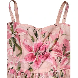 Pink Cotton Floral Pleated Sleeveless Dress