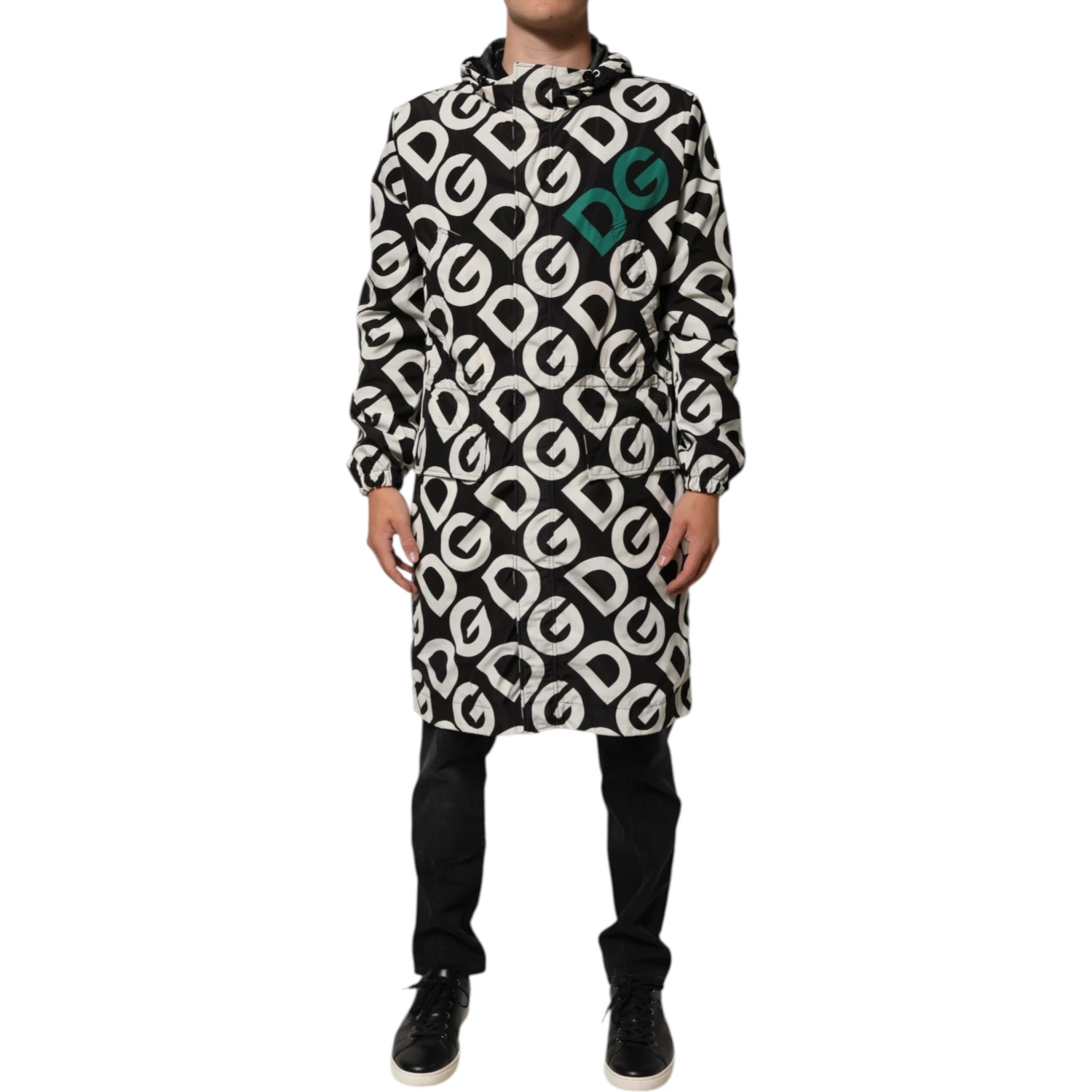 Black White Logo Print Hooded Coat Men Jacket