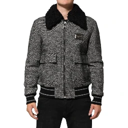 Gray Wool Herringbone Shearling Collar Bomber Jacket