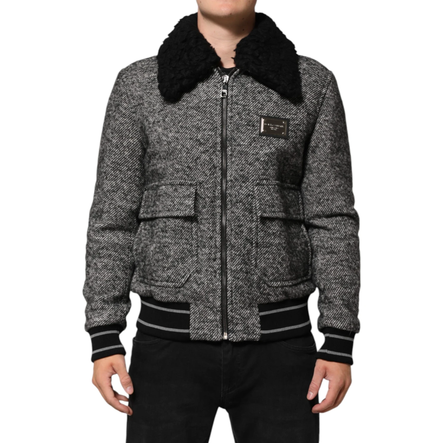 Gray Wool Herringbone Shearling Collar Bomber Jacket
