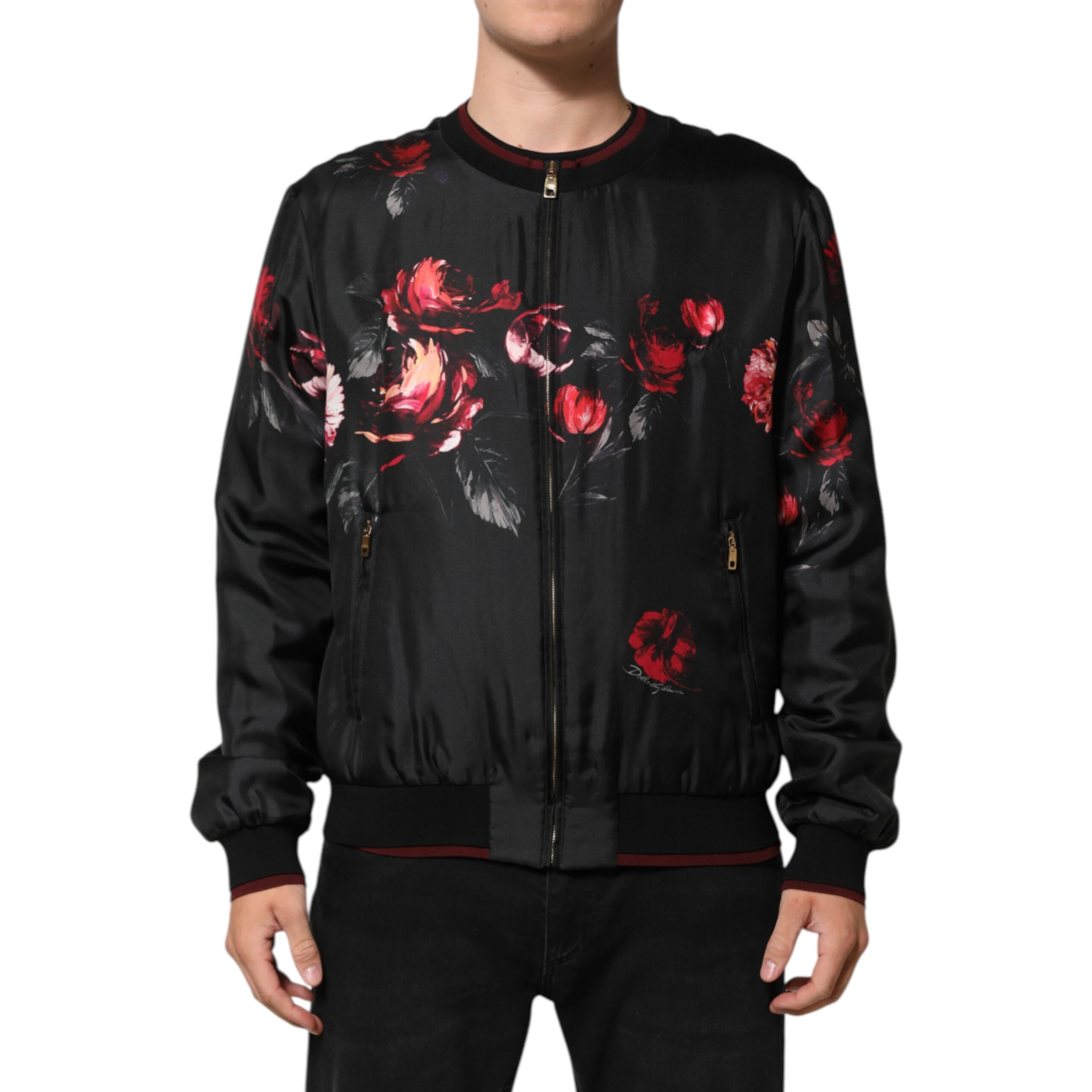 Black Red Floral Silk Bomber Blouson Jacket
