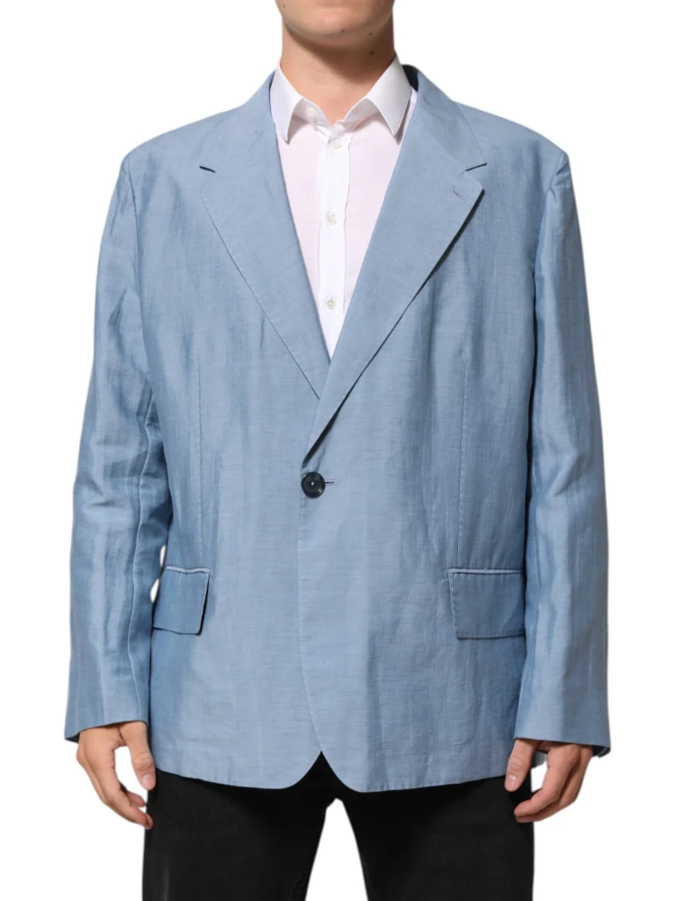 Light Blue Linen Double Breasted Men Jacket Blazer